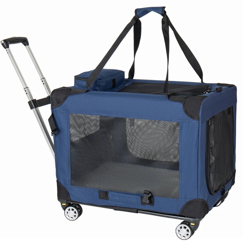 

2-in-1 24'' Collapsible Dog Crate for Medium/Large Dogs, Rolling with Wheels 3-Door Mesh Dark Blue