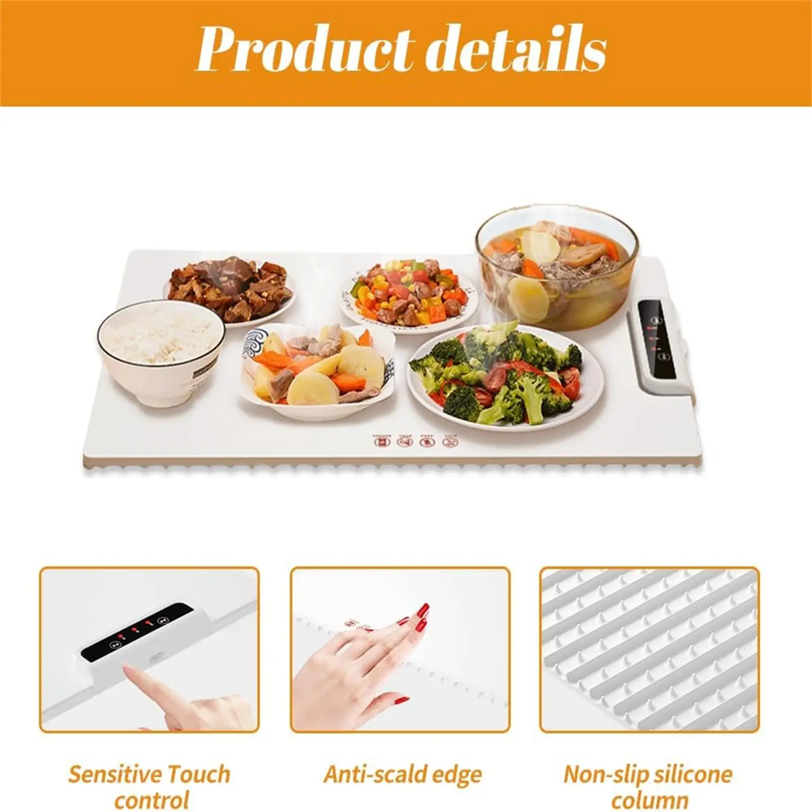 

Roll Up Electric Warming Tray Foldable Portable Silicone Versatile Food Warmer 5 Temperature Settings with Safety Warning Sign