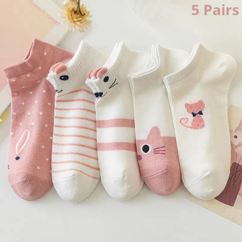 

5 Pairs Women's Short Tube Socks Pink Cat Thin Four Seasons Cute Boat Sockslow Top Ins Trendy Socks