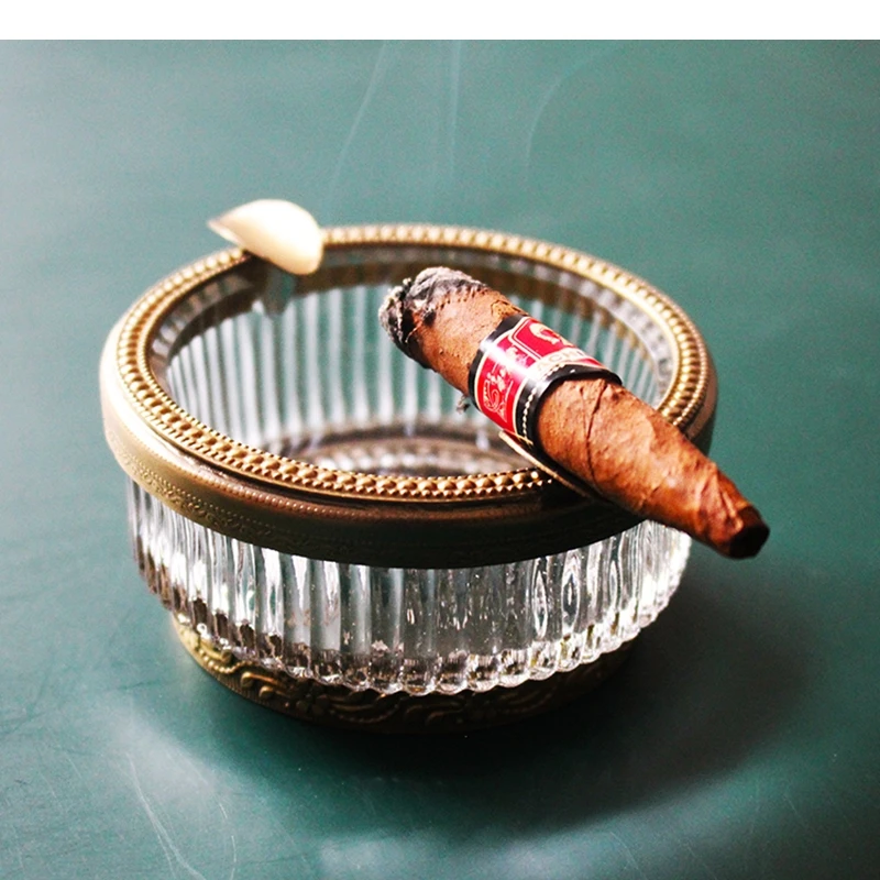 Glass Ashtray Retro Cigar Ash Tray Brass Decoration Smoking Accessories Household Desktop Storage Container