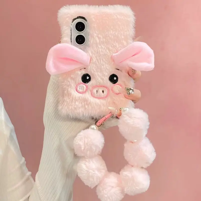 Cute Fluffy 3D Plush Pig Floppy Ear Fuzzy Phone Case for Z Fold 8 Ultra Pom Pom Wrist Strap Cover for Samsung Galaxy Z Fold 8-3