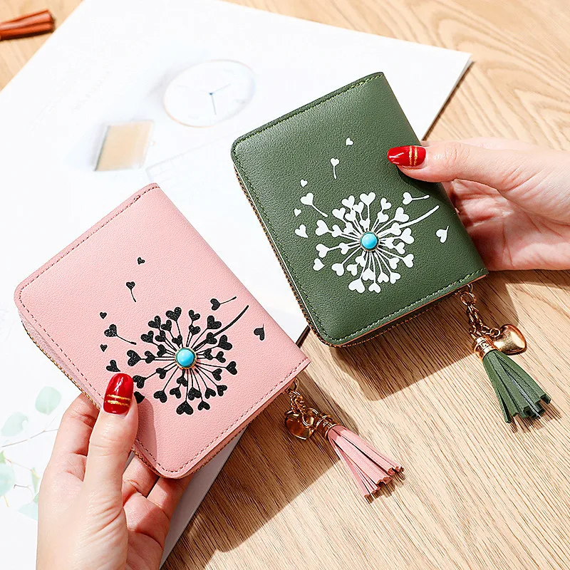 Women PU Leather Multi-card Wallet with Tassels Printing Fresh Short Card Holder Large Capacity Multifunctional Mini Handy Bag