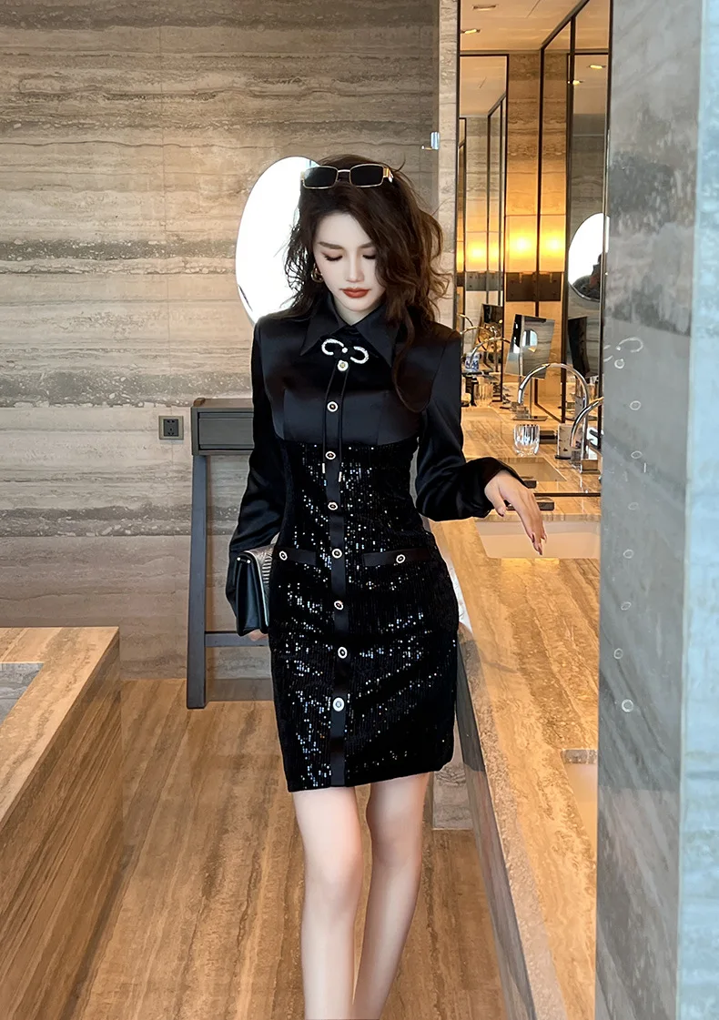 French style hip skirt autumn new style small Chanel style baby collar age-reducing slim sequined dress for women