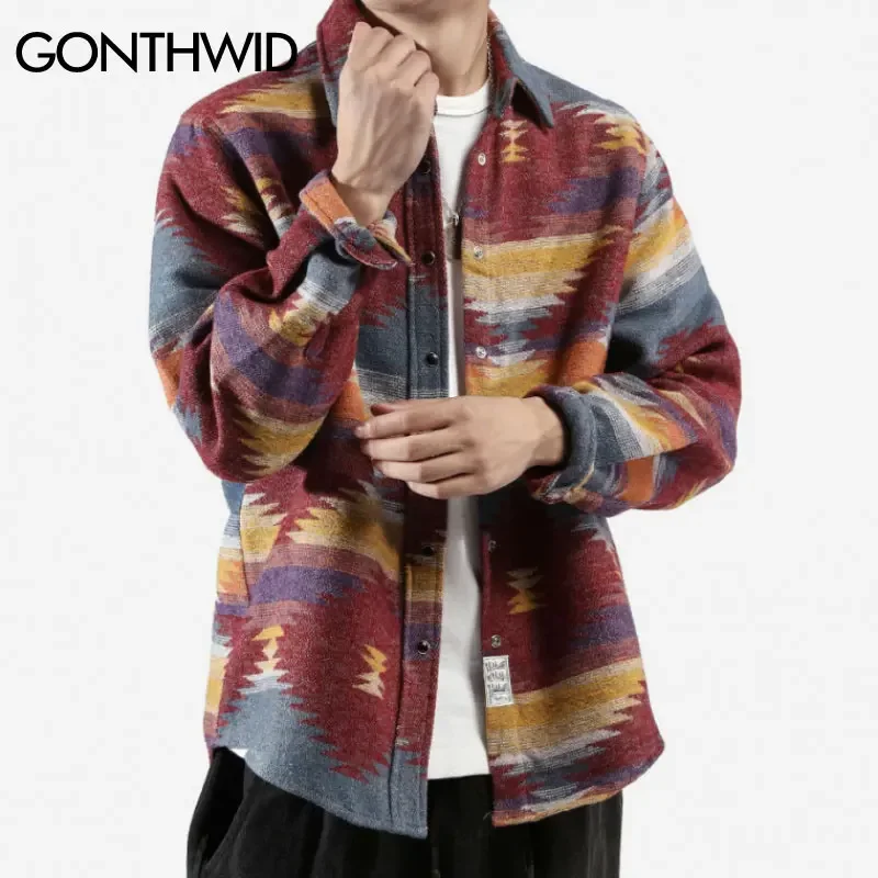 GONTHWID Hip Hop Tie Dye Snap Button Long Sleeve Shirts Men Fashion Casual Streetwear Dress Shirt Coats Male Hipster Shirts Tops