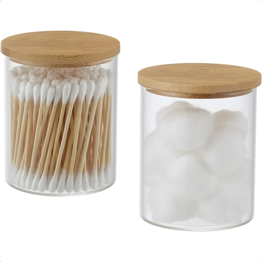 حامل Qtip مع صينية الغرور برطمانات صيدلية زجاجية مع أغطية للحمام كرة قطنية مسحة وسادة حامل مستدير علبة الجرار ل