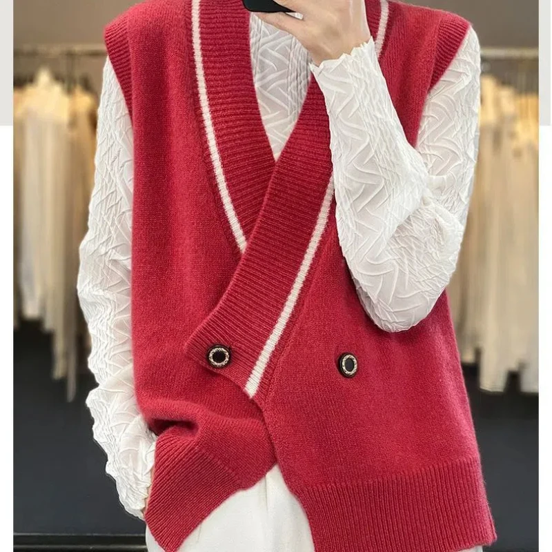 New V-neck Women\'s Vest Knitted Cardigan Loose Spring and Autumn Sweater Jacket Sleeveless Vest Top