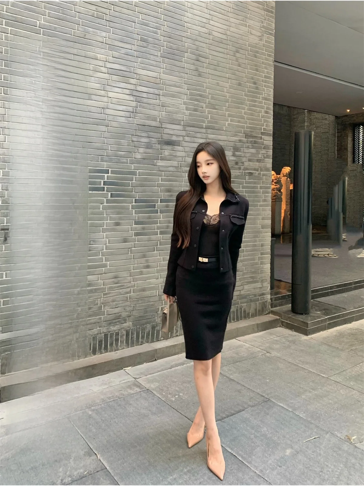 

Black Knitted Skirt with Belt for Half-Mature Girls Trendy Versatile Winter Fashion Ladies' Premium Clothing GB7001