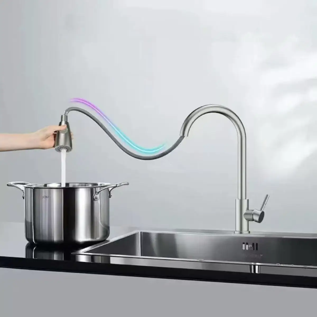 Stainless steel kitchen faucet single hole pull out spout kitchen sink mixer faucet flow spray head 360 swivel cleaning faucet