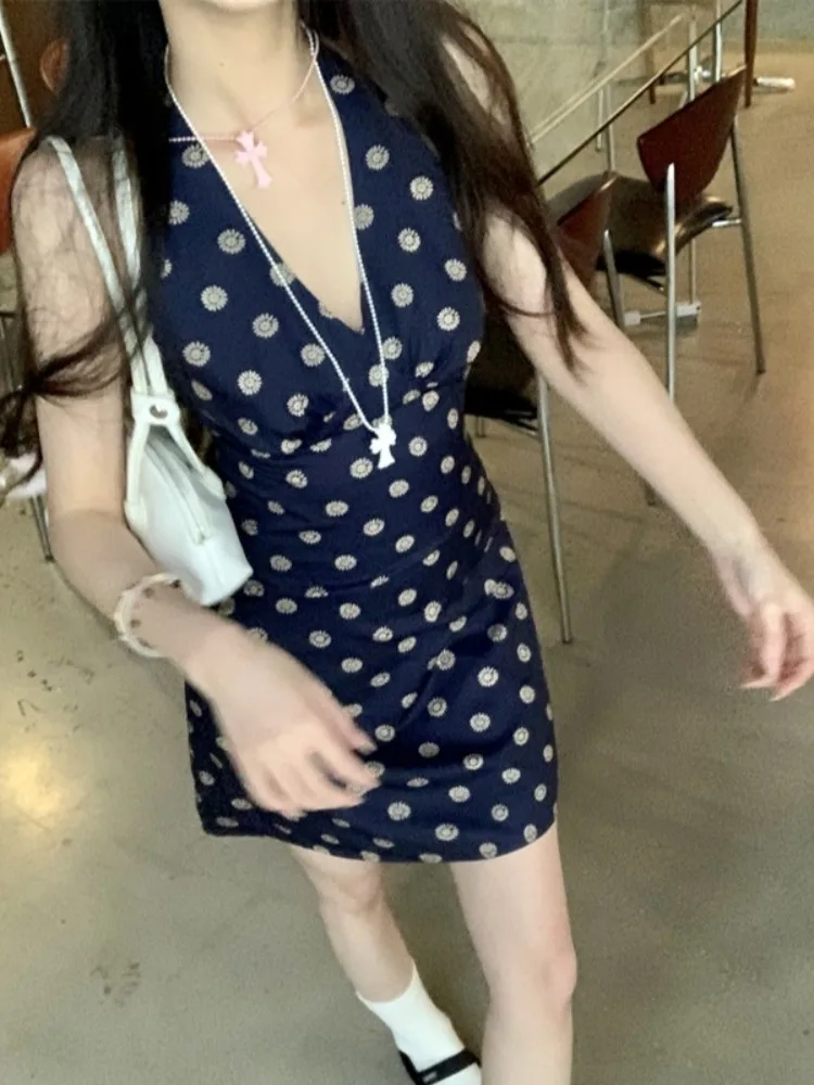 Summer New Style Women's Deep V Neck Hanging Neck Dress Beach Vacation Beautiful Waist Cinching a Line Short Dress