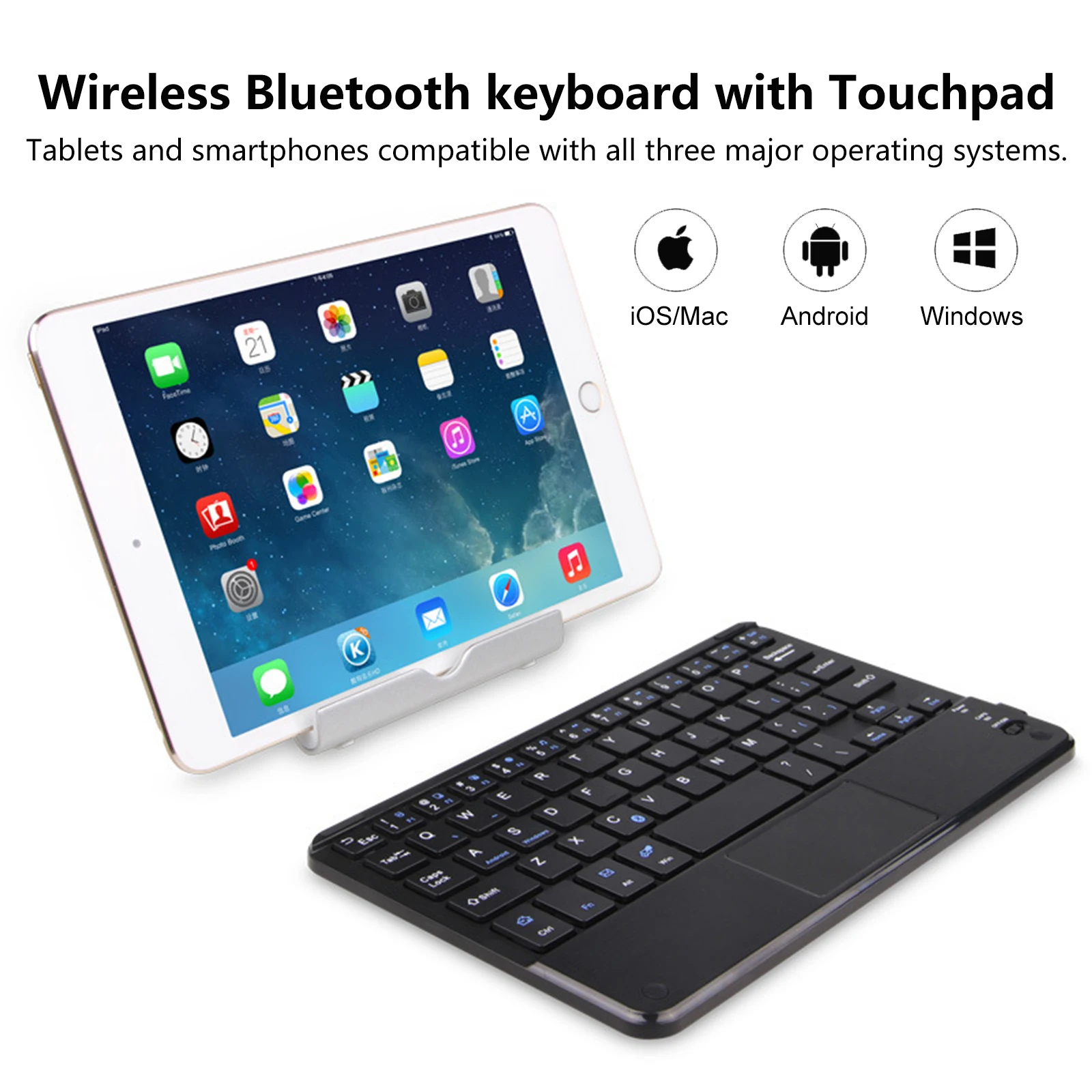 Mini Teclado Sem Fio Bluetooth com Touchpad, Recarregável, Novo, iPad, Telefone, Tablet, Android, iOS, Windows