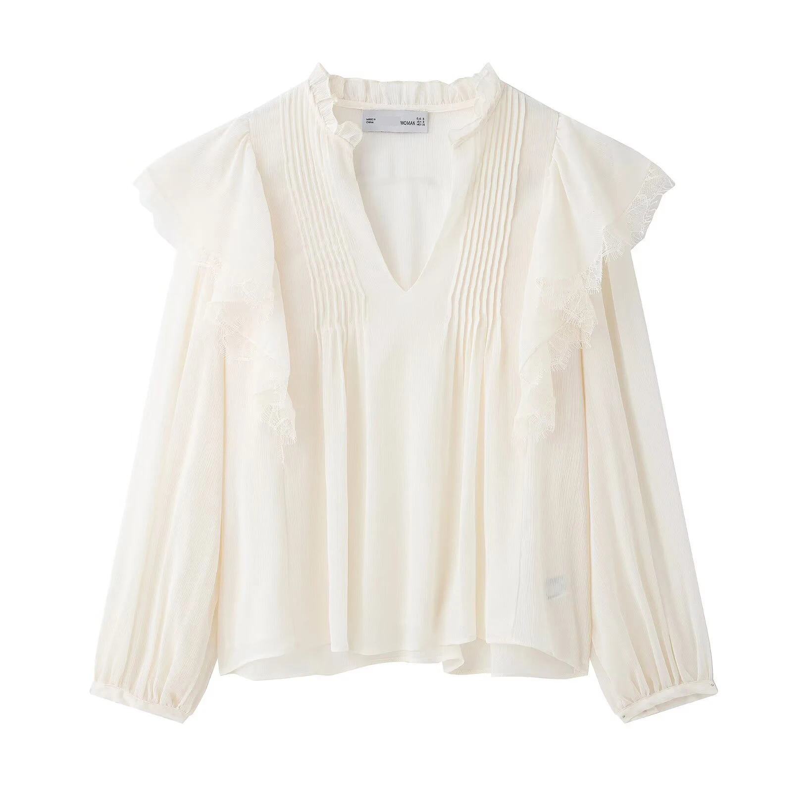 

Fashion Lace Patchwork Ruffles Shirt Women Elegant White Shirt Ruched V-neck Short Sleeve Loose Blouse Female 2025 New Summer