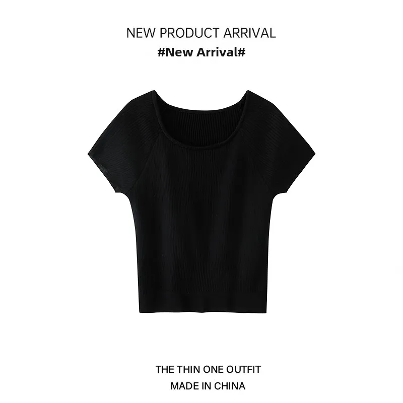 

Женская летняя трикотажная футболка Slim Fit в корейском стиле с коротким рукавом и узлом, черная, укороченная, для узкого круга аудитории, в нежном стиле