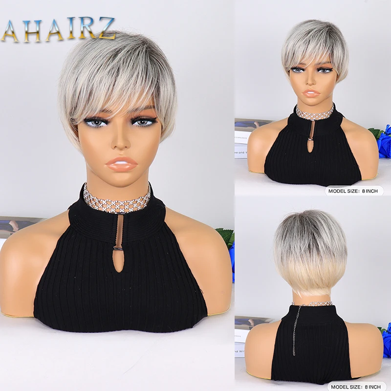 Short Wig Synthetic Gray Fake Hair Fashion Women's Daily Wear Party Cosplay Straight Hair Head Cover