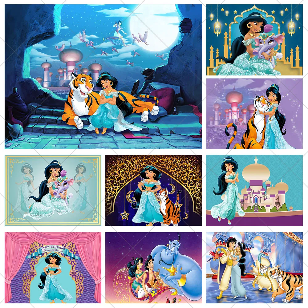 

Disney Aladdin Princess Jasmine Backdrop Girl Birthday Decoration Background Elephant Vinyl Polyester Photography Decor Props