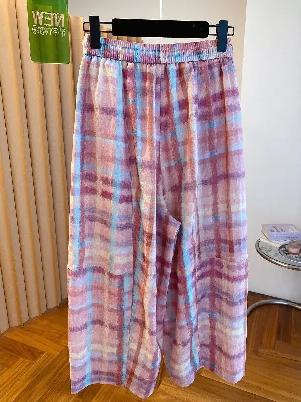 Casual Large Size Trousers Artistic Design Plaid Wide Leg Nine Points Summer Fashion Ladies Pants High Waist Straight Cut