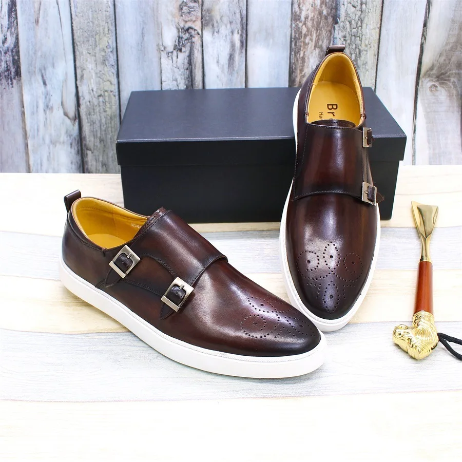 Casual Leather Suede Summer New Korean Version Small White British Style Top Layer Cowhide Double Button Board Daily Men's Shoes