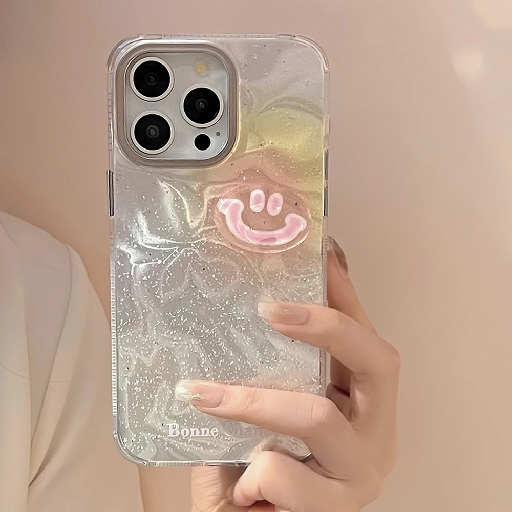 Luxury 3D Smiling Face Pink Yellow Blending Phone Case for iPhone 15 14 13 12 Pro Max Plus Water Ripple Silver Bumper Cover