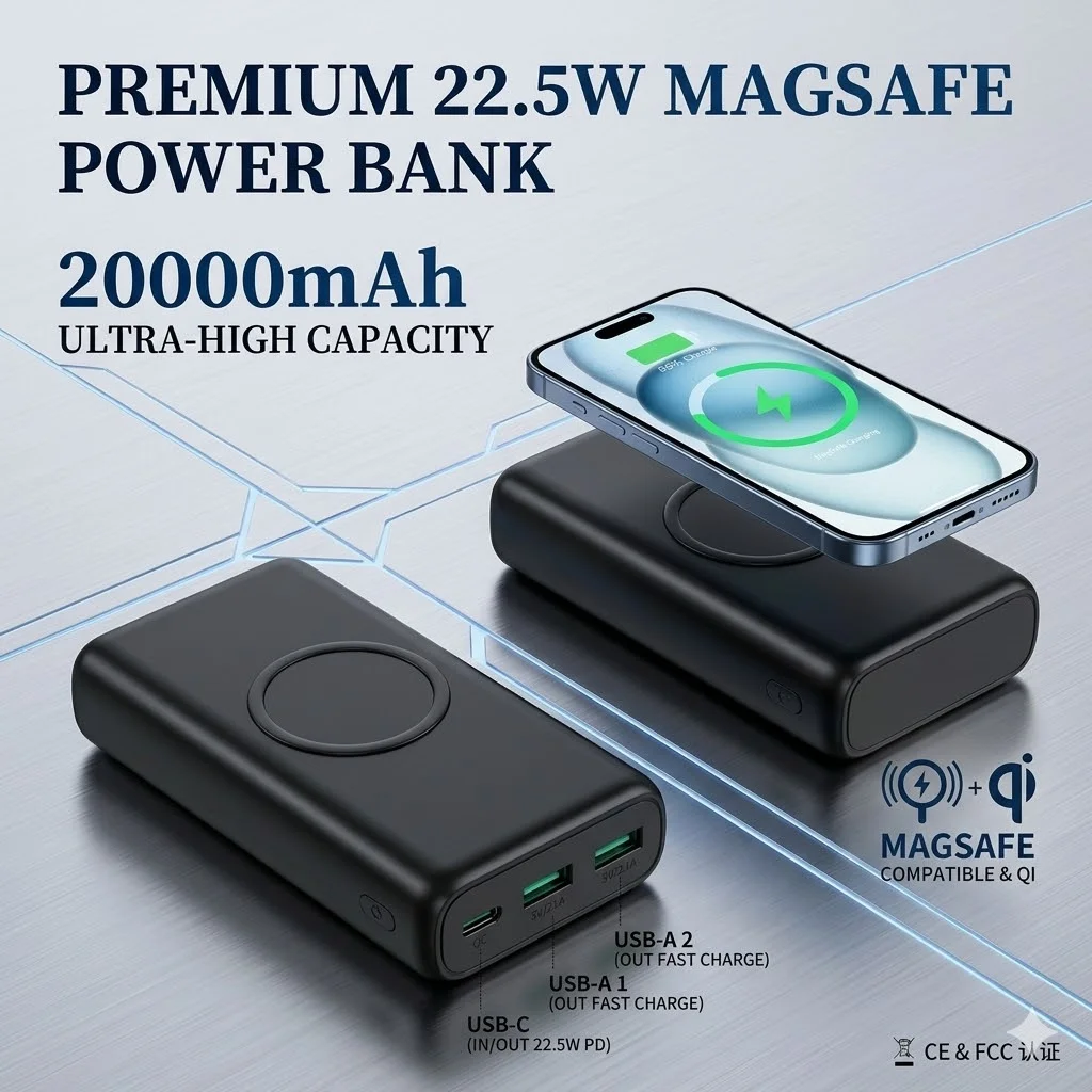 Wireless Portable Charger 20000mAh PD 22.5W Quick Charge USB C External Battery Pack 5 Ports Fast Charging Power Bank Backup Power For iPhone 16 15 14 Pro Max Samsung Galaxy S25 S24 Ultra iPad Tablet Cell Phone