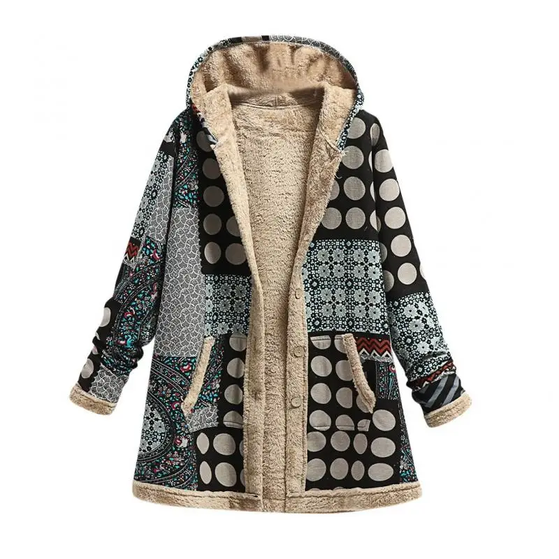 Winter Female Warm Coat Print Thick Fleece Hooded Long Jacket with Pocket Ladies Loose Outwear Coat