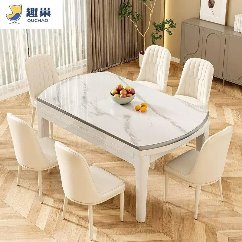 for Rock Slab Dining Table and Chair Set Cream Style Light Luxury Solid Wood 4 Track Retractable Square Round Dual Purpose