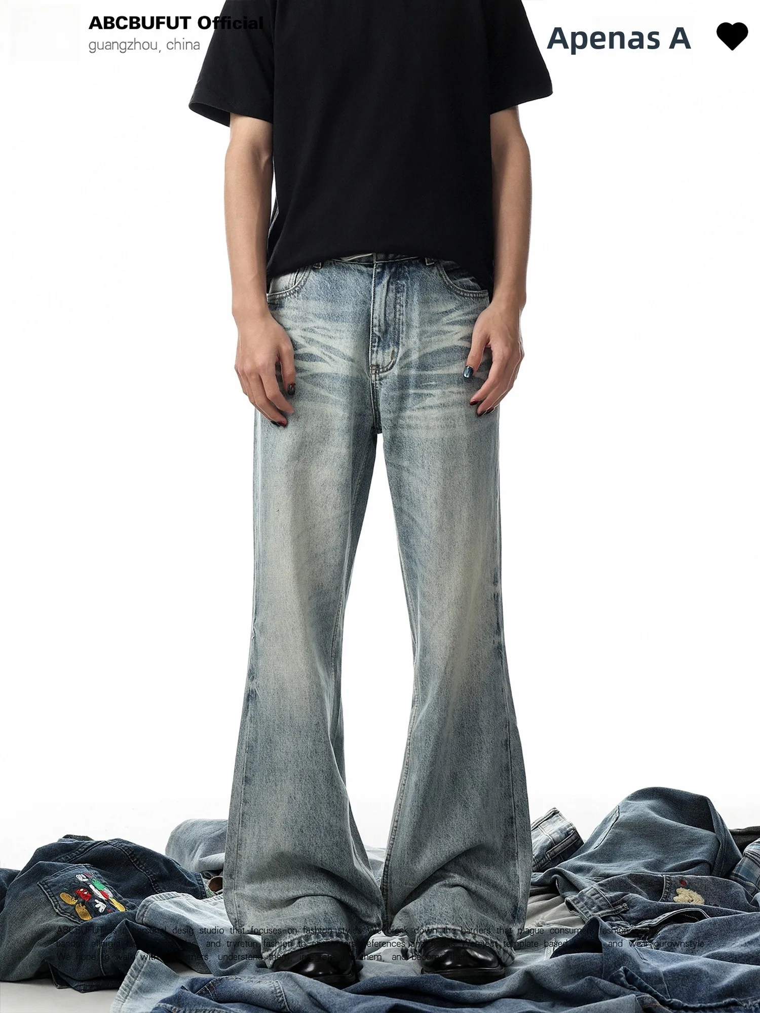 Calça Jeans Retrô Lavada Boca de Sino Unissex com Caimento Limpo e Texturizado, Calça Longa de Cintura Média com Zíper, Mistu...