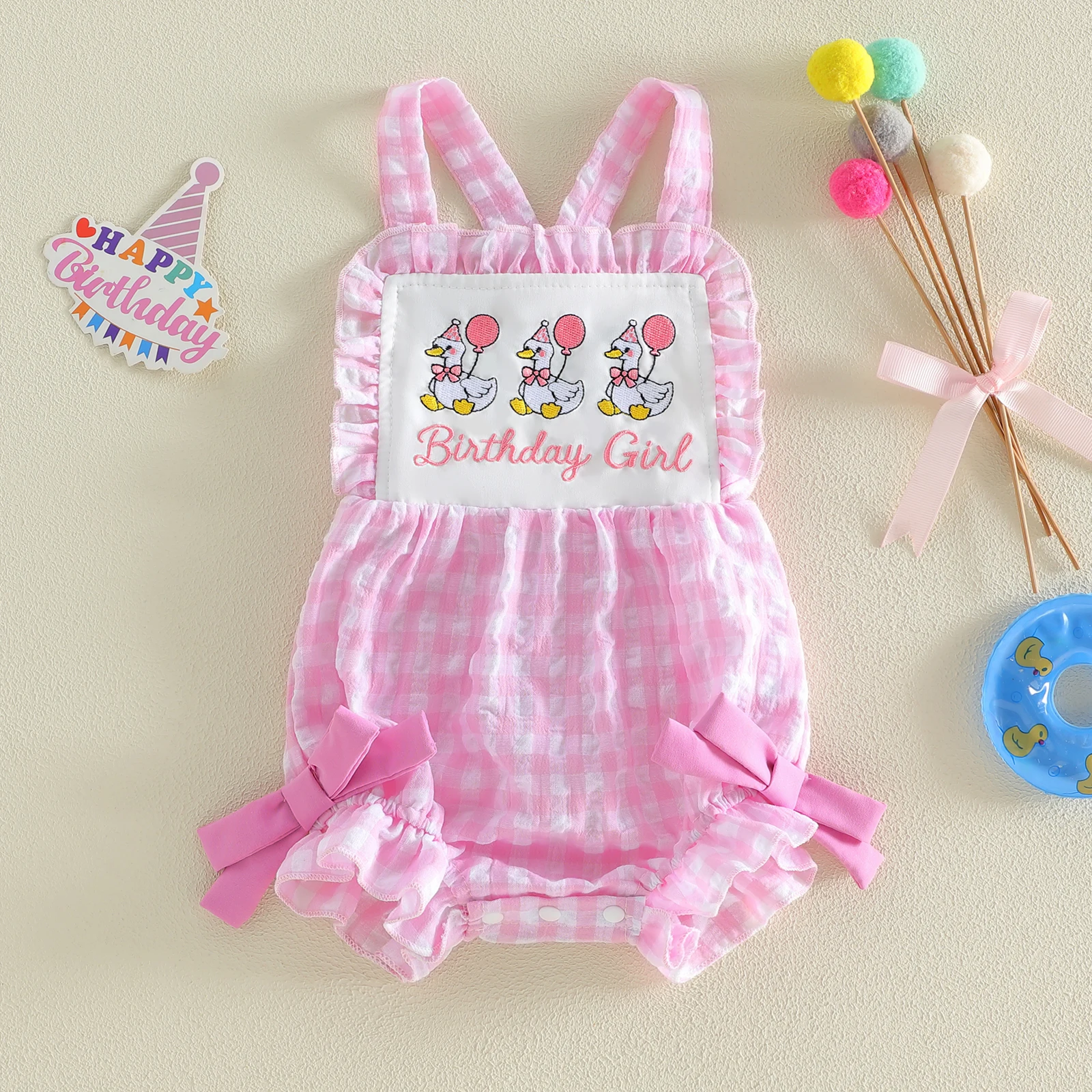 First Birthday Outfit Girl Goose Embroidery Gingham Ruffle Romper Bodysuit Sleeveless Baby girl 1st Cake Smash Clothes