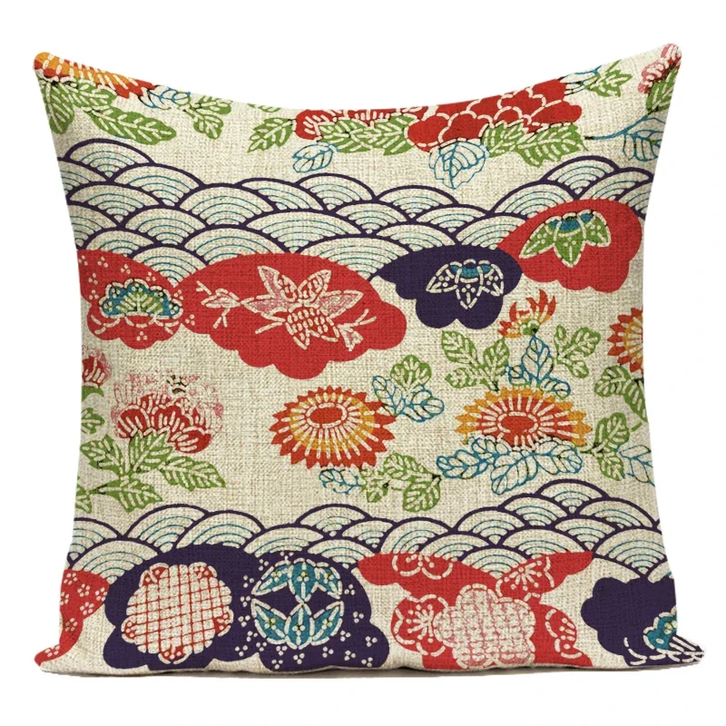 Japanese Style Mountain Blossom Wave Pillow Cover - Home Decorative Living Room Sofa Seat Cushion Case view 3