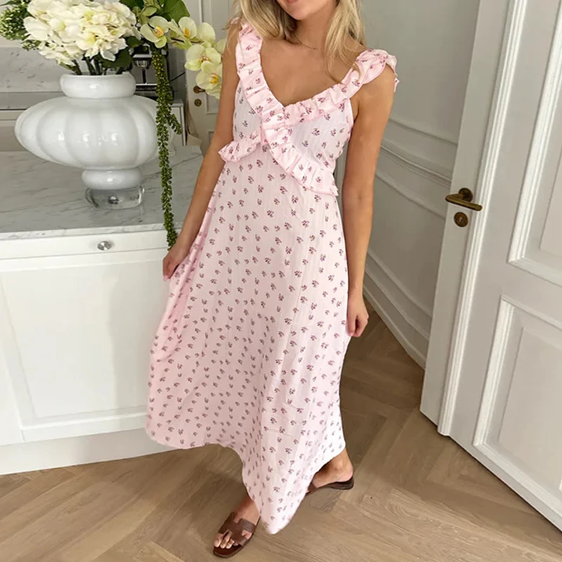 Abito lungo da donna con stampa grafica Boho Beach Scollo a V con volant Abito a trapezio Abito elegante da donna con allacciatura senza schienale Abito lungo