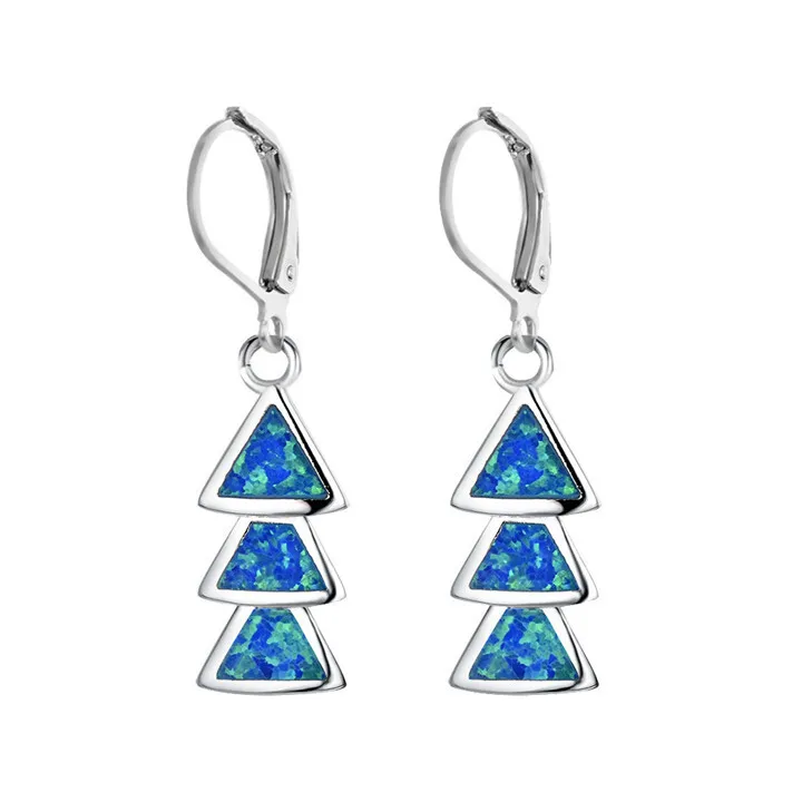 Fashion Silver Blue Triangle Simulated Opal Charm Drop Dangle Earring Jewelry