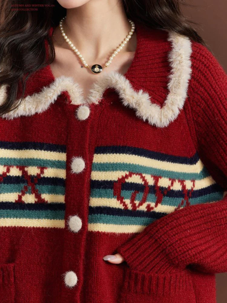 Rood Retro Gebreid Vest Zoet Gestreept Vrouwen Herfst Luie Wind Slim Fit Truien Peter Pan Kraag Knop Kawaii Casual Nieuwe Tops