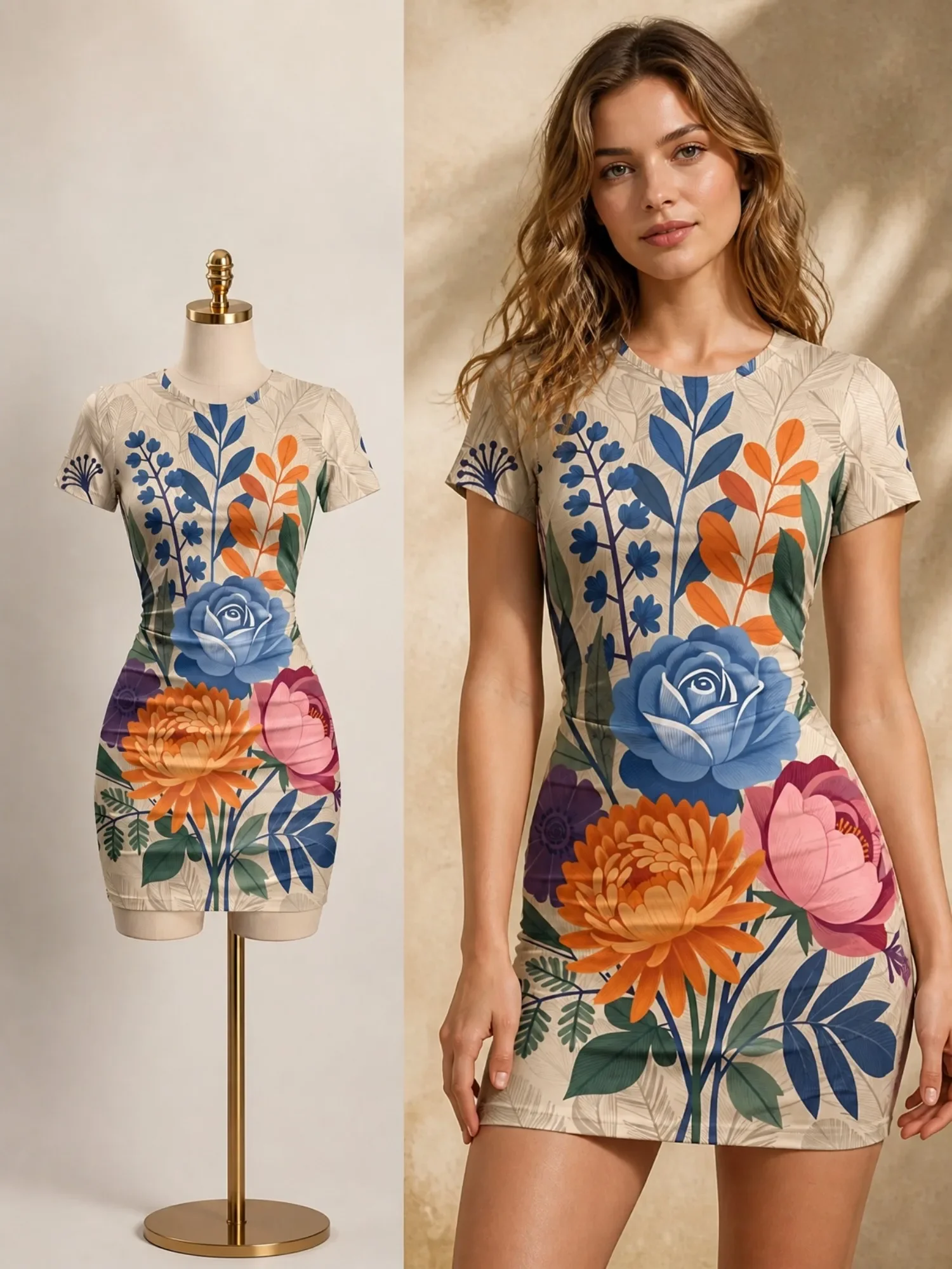 Womens Short Sleeve Bodycon Mini Dress Slim Fit Crew Neck Floral Print Short Dress Casual Summer Party Cute Vacation Sundress