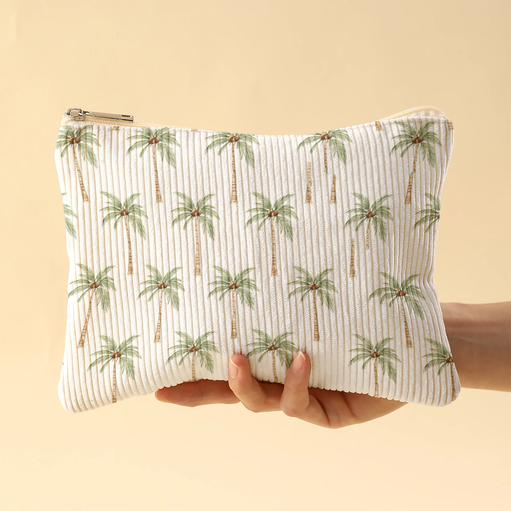 Korea Style Corduroy Cosmetic Bag Tropical Palm Tree Print Zipper Makeup Pouch Large Capacity Travel Toiletry Storage Purse