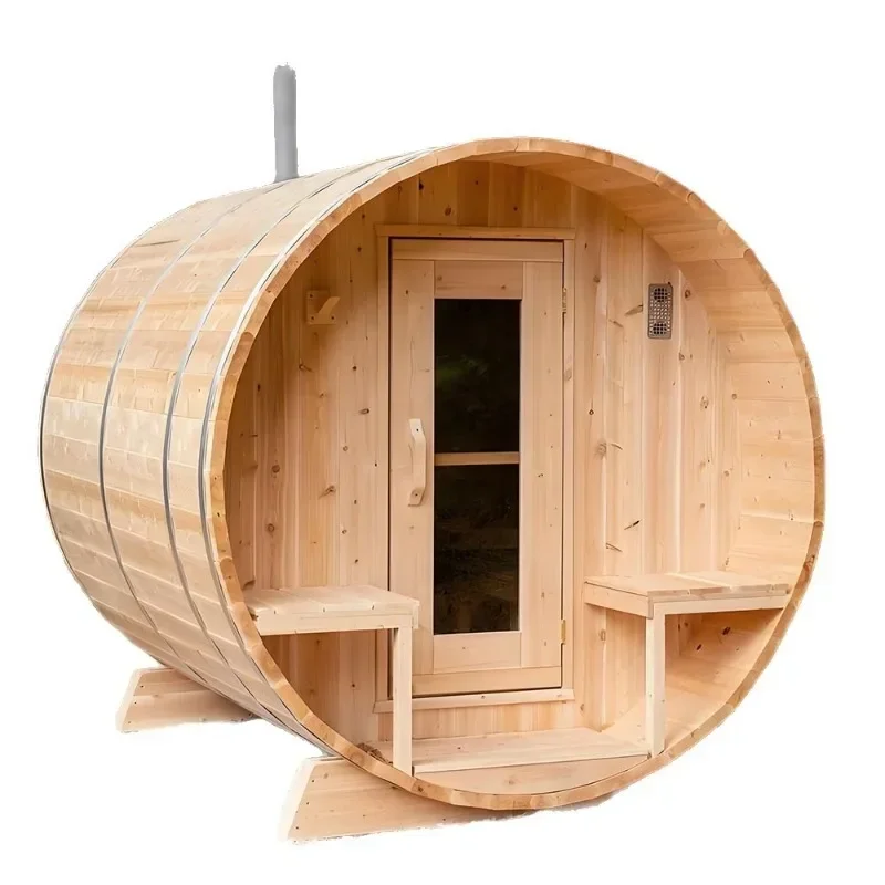 Outdoor sauna, drum dry sauna, volcanic stone heating, side door, sweat sauna