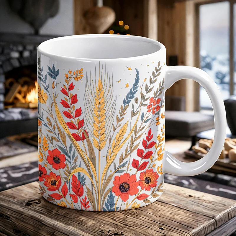 

Fall Harvest Themed Coffee Mug Warm Autumn Floral Wheat Ceramic Tea Cup, Milk Cup, Office Tea Cup, Gift for Friends