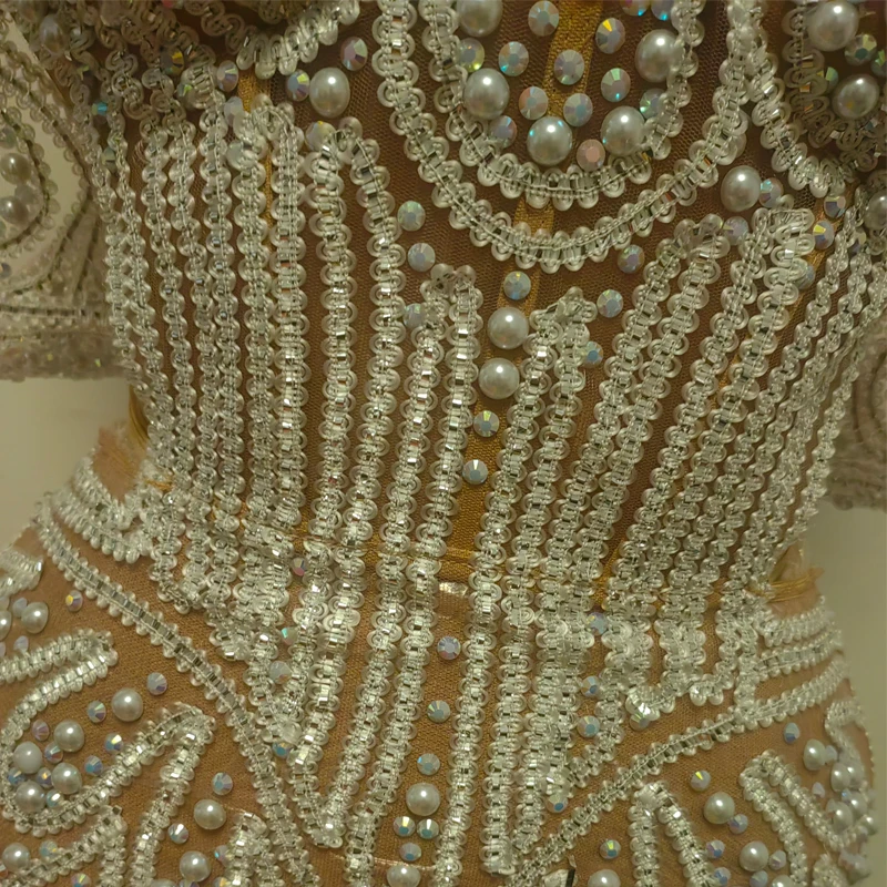 White Pearls  Dress See through Women Singer Festival Dresses Evening Dress Performance Outfit Stage Catwalk Wear