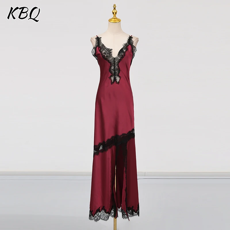 

KBQ Solid Sexy Spliced Lace Slimming Dresses For Women V Neck Sleeveless High Waist Summer Temperament Dress Female Fashion New