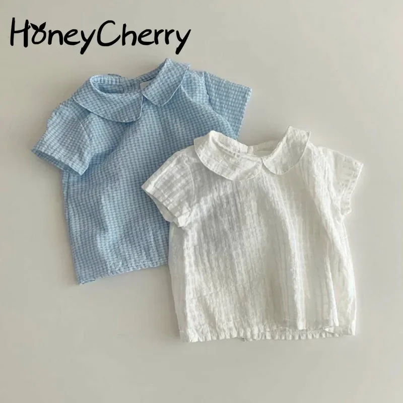 

HoneyCherry Summer Girl's Shirt Simple Sweet And Versatile Short Sleeve Loose Lapel Top Baby Girl Blouse