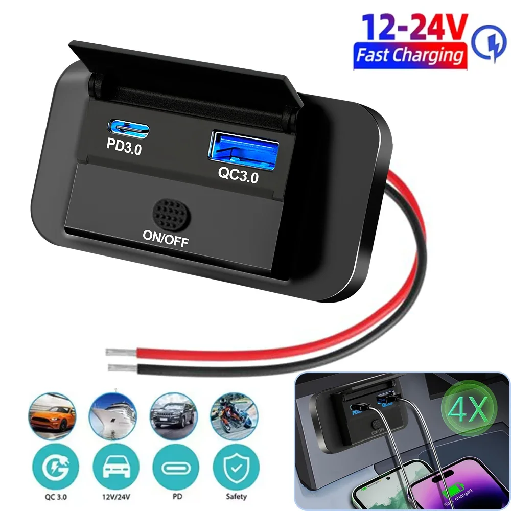 12V RV Type C USB Outlet with Power Switch 36W QC3.0 USB 55W PD Type C Quick Charge Socket with Waterproof Cover for Motorcycle