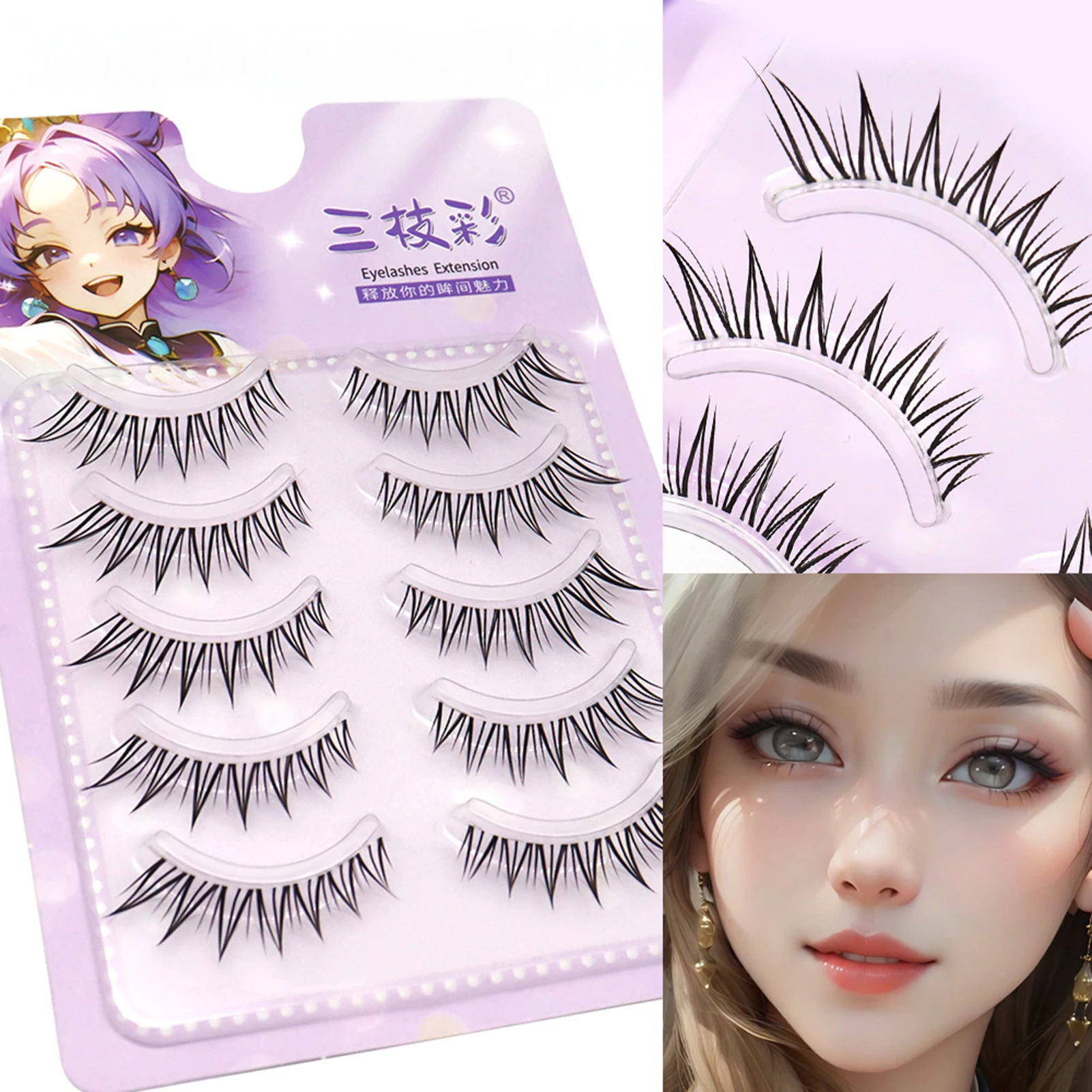 5 Paar natürliche falsche Wimpern, falsche Wimpern, natürlicher Look, transparente Wimpern mit feinem Stiel, Wimpernverlängerung, Make-up-Zubehör für Frauen