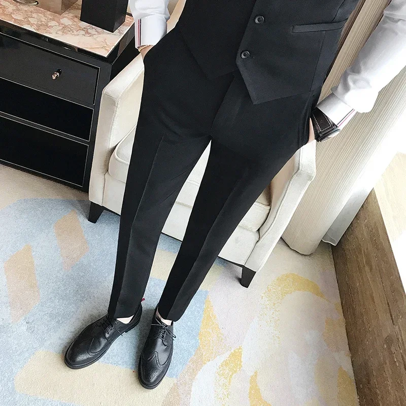 Fashion Boutique Solid Color Business Mens Formal Suit Pants Groom Wedding Dress Pants Slim Male Trousers