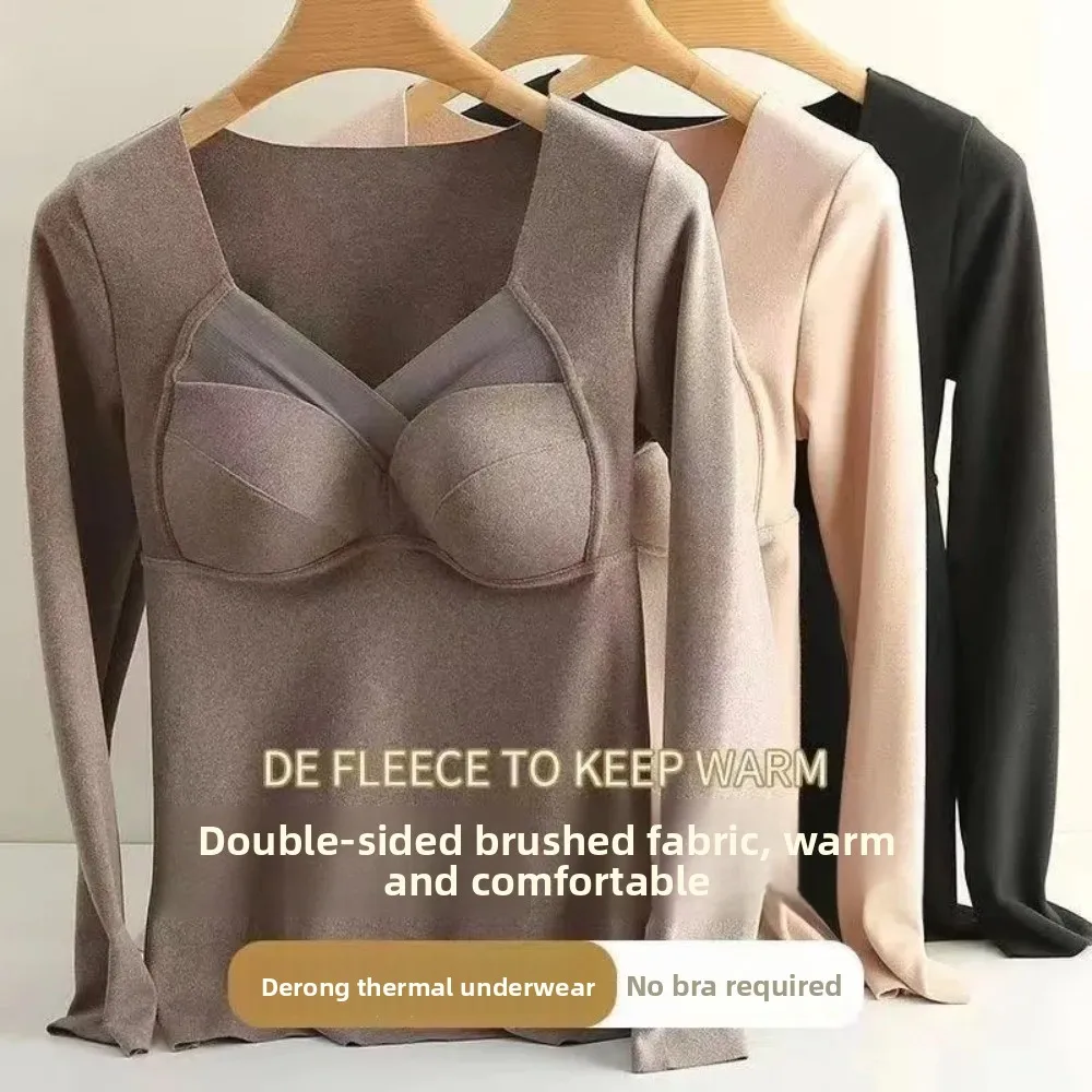 

V Mesh Neck Women Thermal Clothes Solid Color Velvet Fleece Thermal Underwear Lingerie Invisible Warmth Long Tops Lady