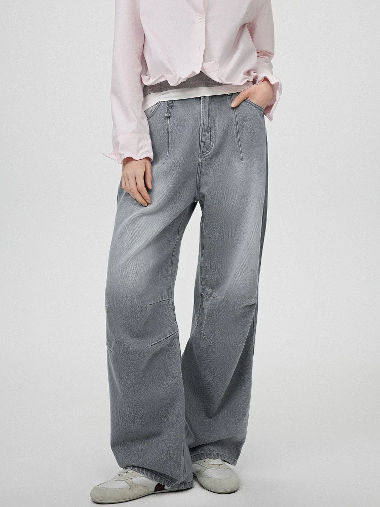 

Eco-Friendly Waed Double Line 3D Pleated Bent Knife Jeans Cotton Ladies Loose Wide Leg Jeans l Waist Jeans