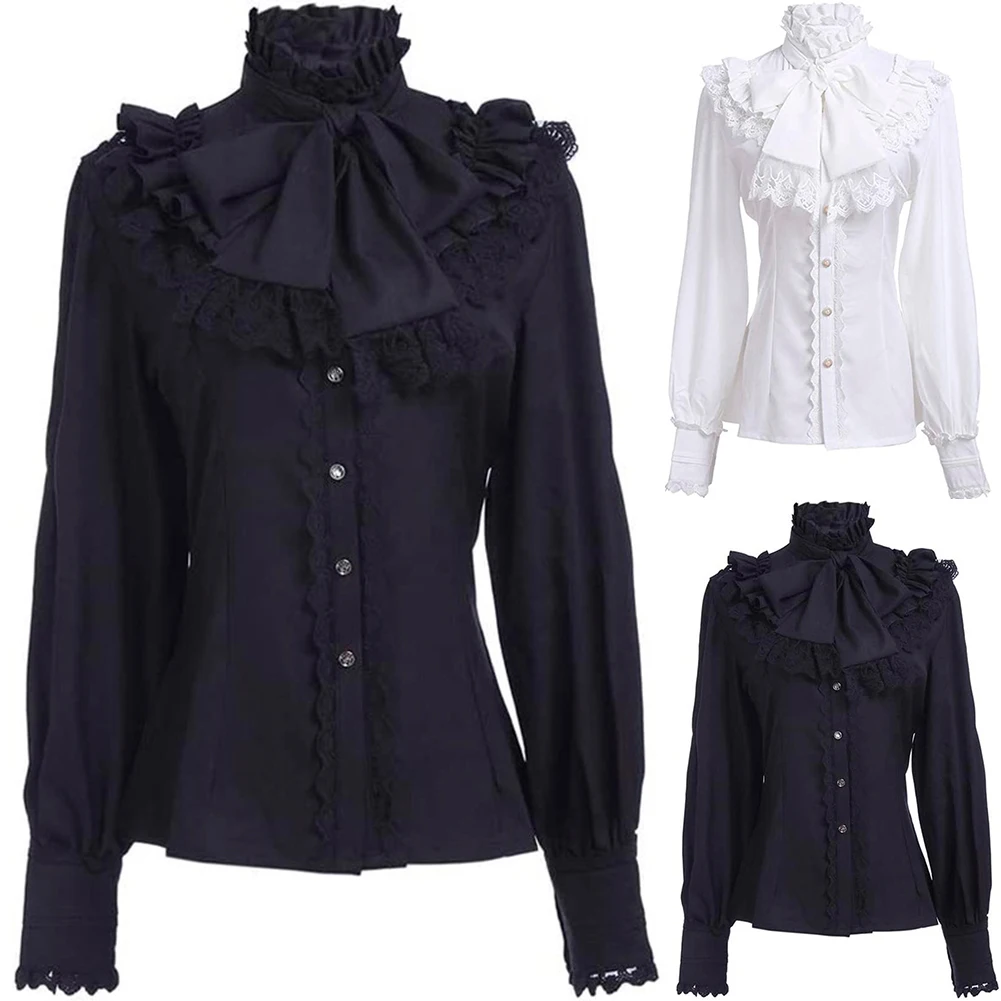 Victoriaanse blouse Womens Gothic Lolita shirt Vintage lange mouw Lotus Ruffle Top Retro kant gegolfd shirt halslijn ruches