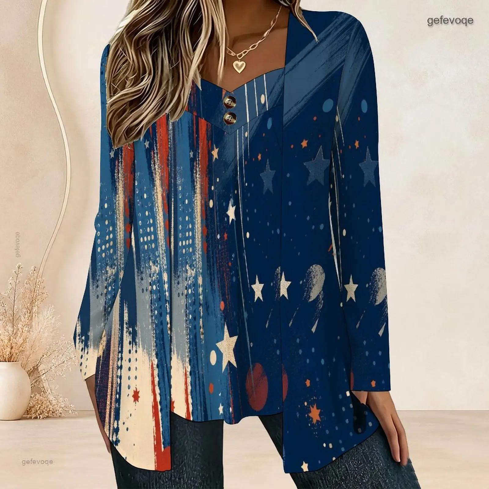 Women Fake Two Piece Long Sleeve Blouse Open Cardigan With Cami Top V Neck Button Detail Pleated Front Loose Tunic Oversize