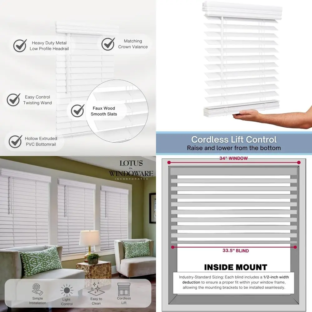 

2 шторы из искусственного дерева, без шнура, 34 дюйма (Ш) x 60 дюймов (Д), для внутренних окон, гладкие, ярко-белые