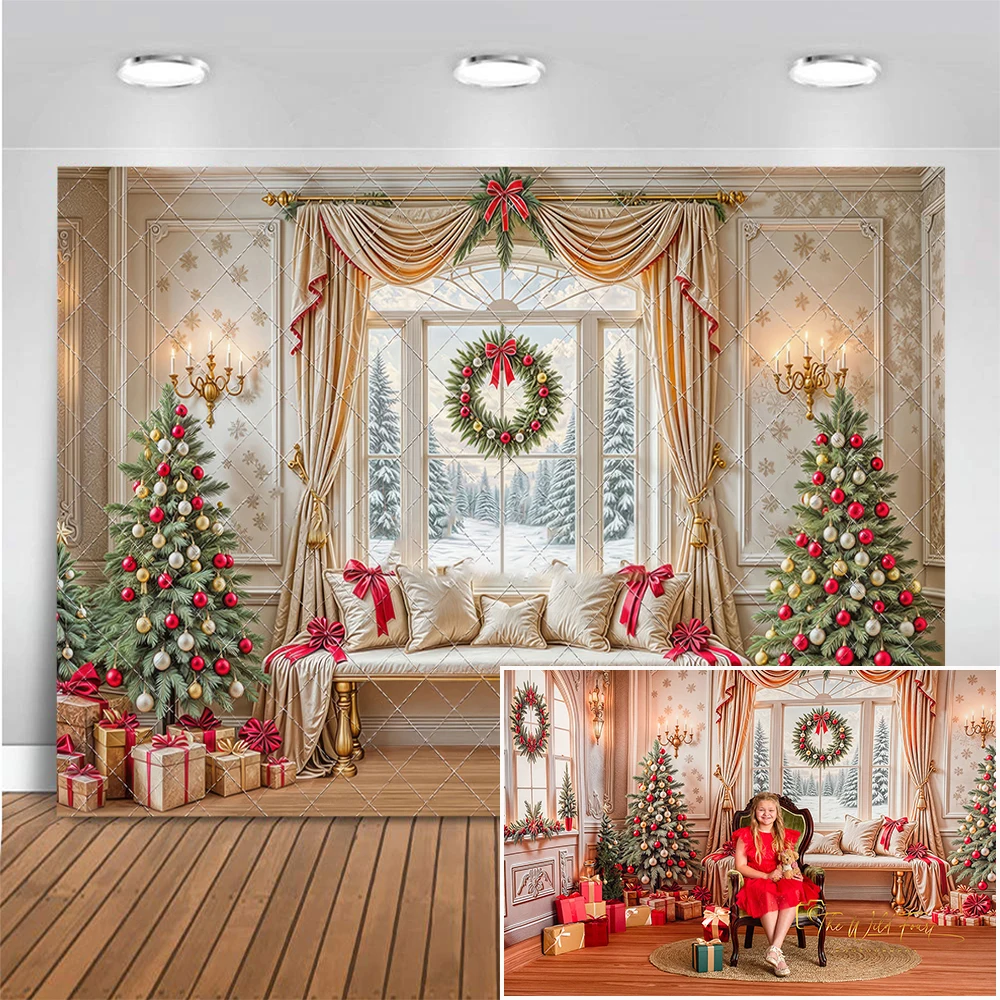 

Golden Christmas Window Room Photography Backdrop Adult Kids Portrait Background Xmas Tree Gift Decor Photo Studio Props Banner