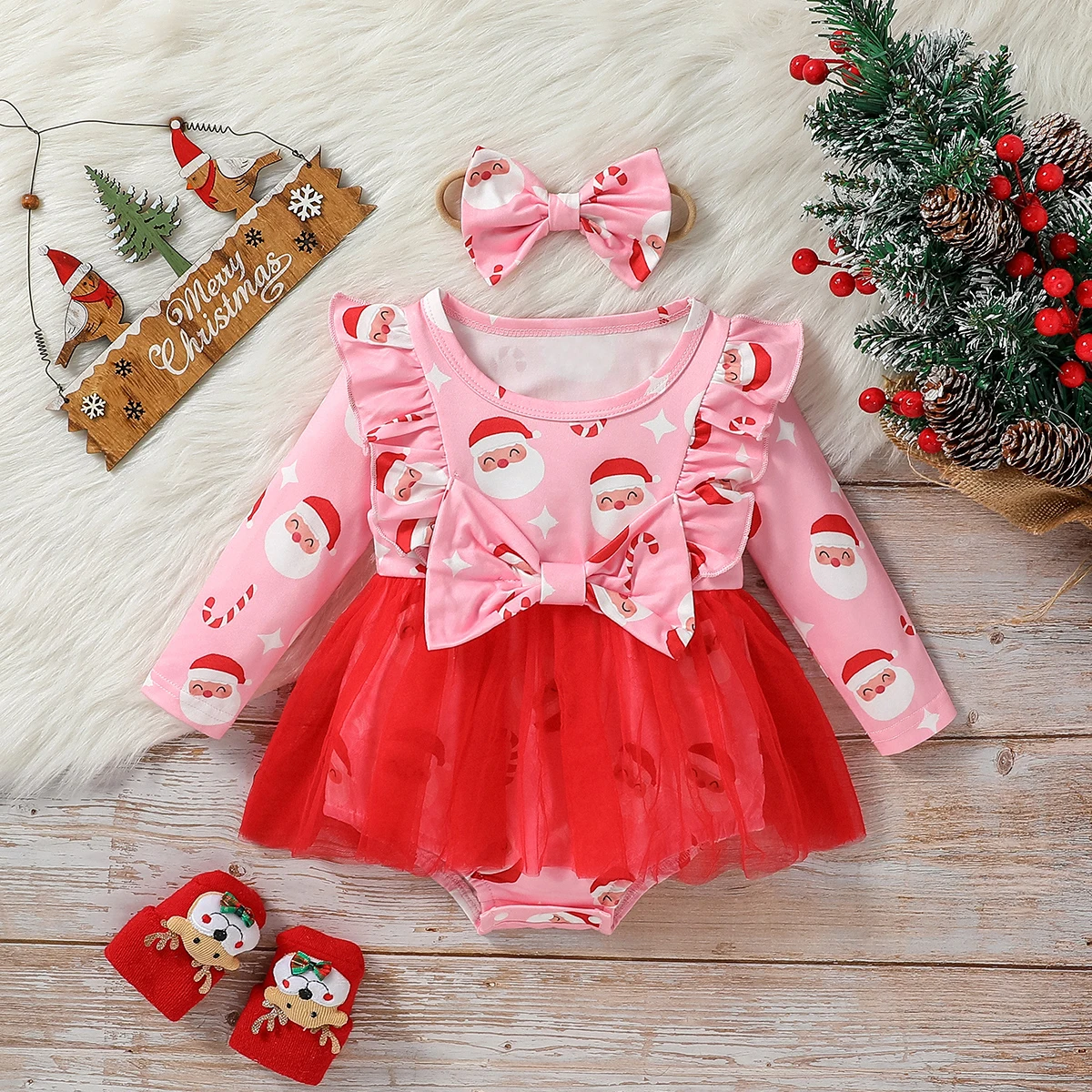 (0-1Y) 2024 New Baby Girls Long Sleeve Autumn Print Father Christmas Fashion Christmas Active Dress