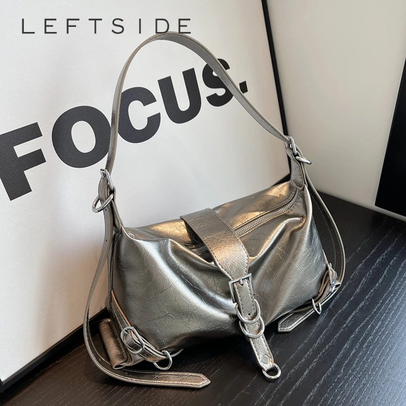 LEFTSIDE Silver Leather Crossbody Bags For Women Luxury 2023 Y2k Korean Fashion Underarm Shoulder Bag Female Armpit Bag Handbags