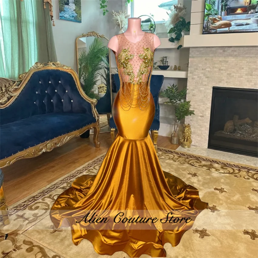 

Luxury Gold Diamonds Prom Dress Bead Crystal Diamonds Elegant Birthday Party Dresses Tassels String Evening Gown Customized