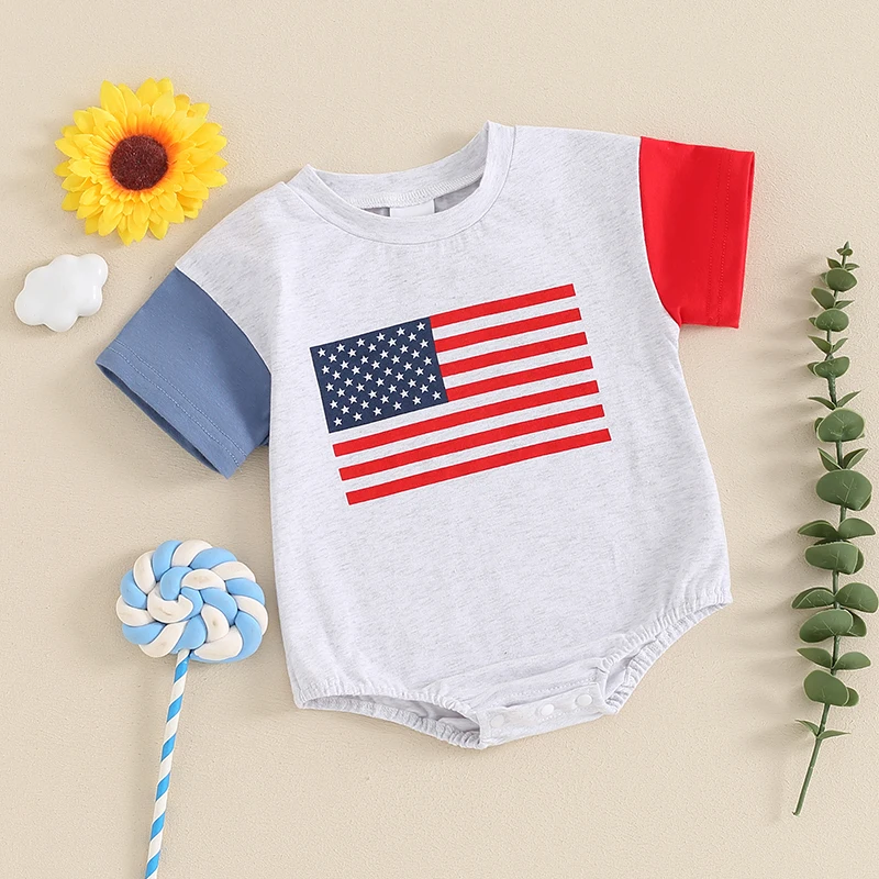 2024-03-04 Lioraitiin 0-18M Baby Girls Boys Independence Day Romper Short Sleeve Crewneck Flag Print Contrast Color Romper